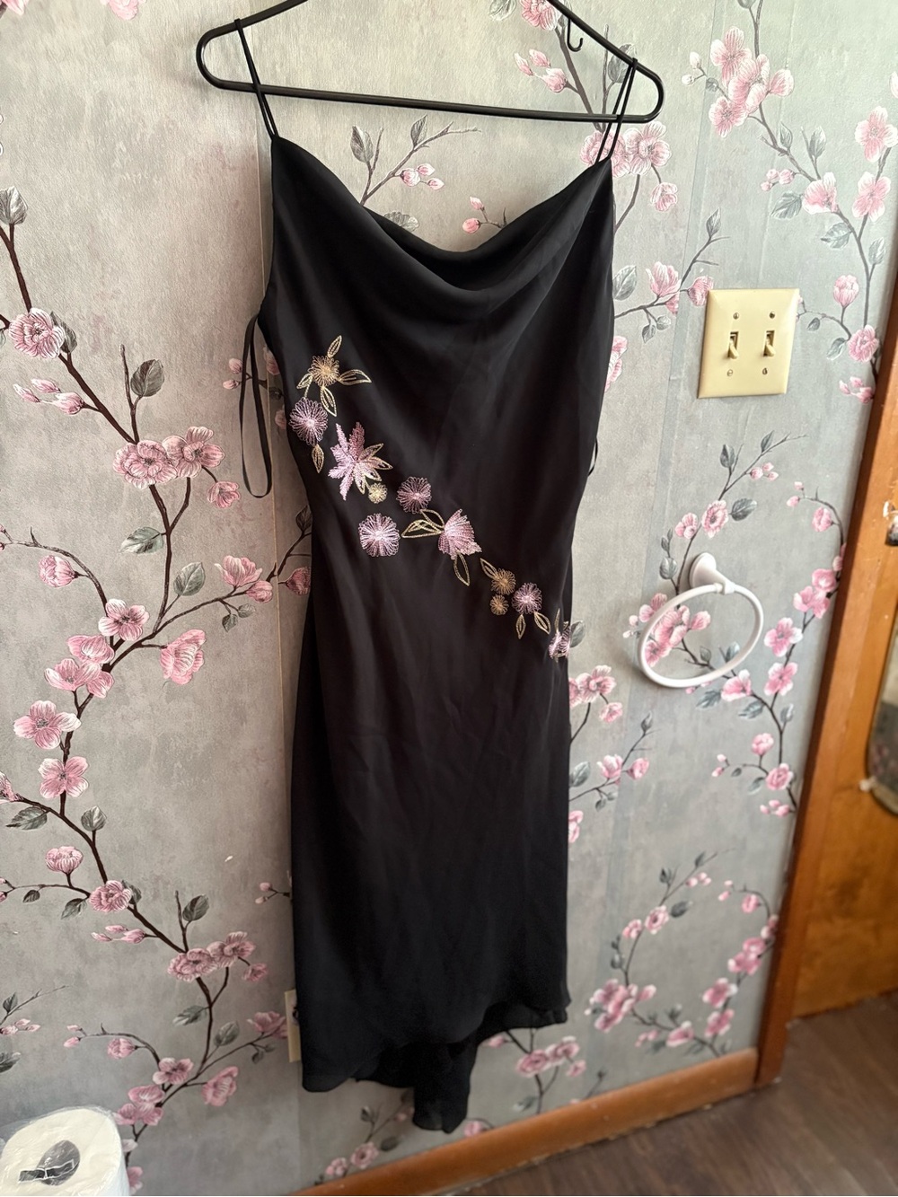 B. Smart Black Slip Midi Dress with purple Floral Embroidery